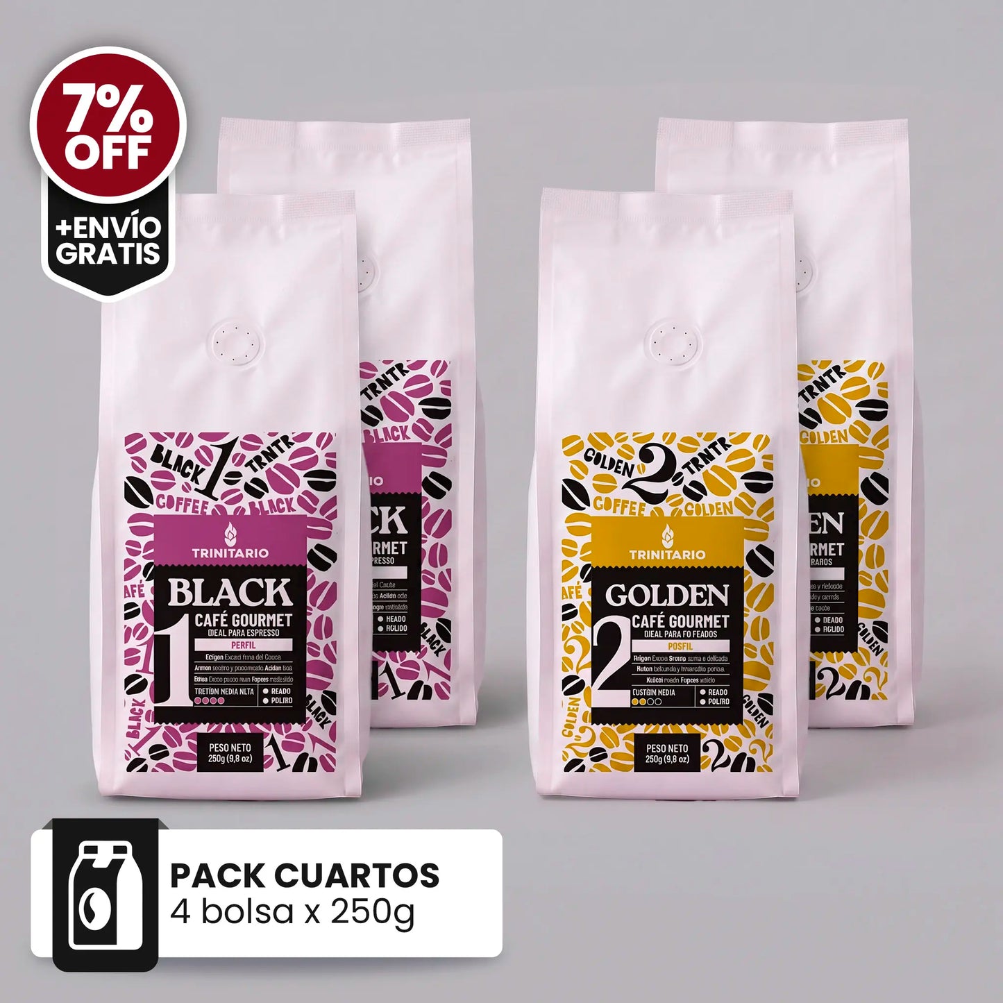 Pack Cuartos x4 | 4 Bolsas de 250g (2 Black + 2 Golden) · 7% OFF