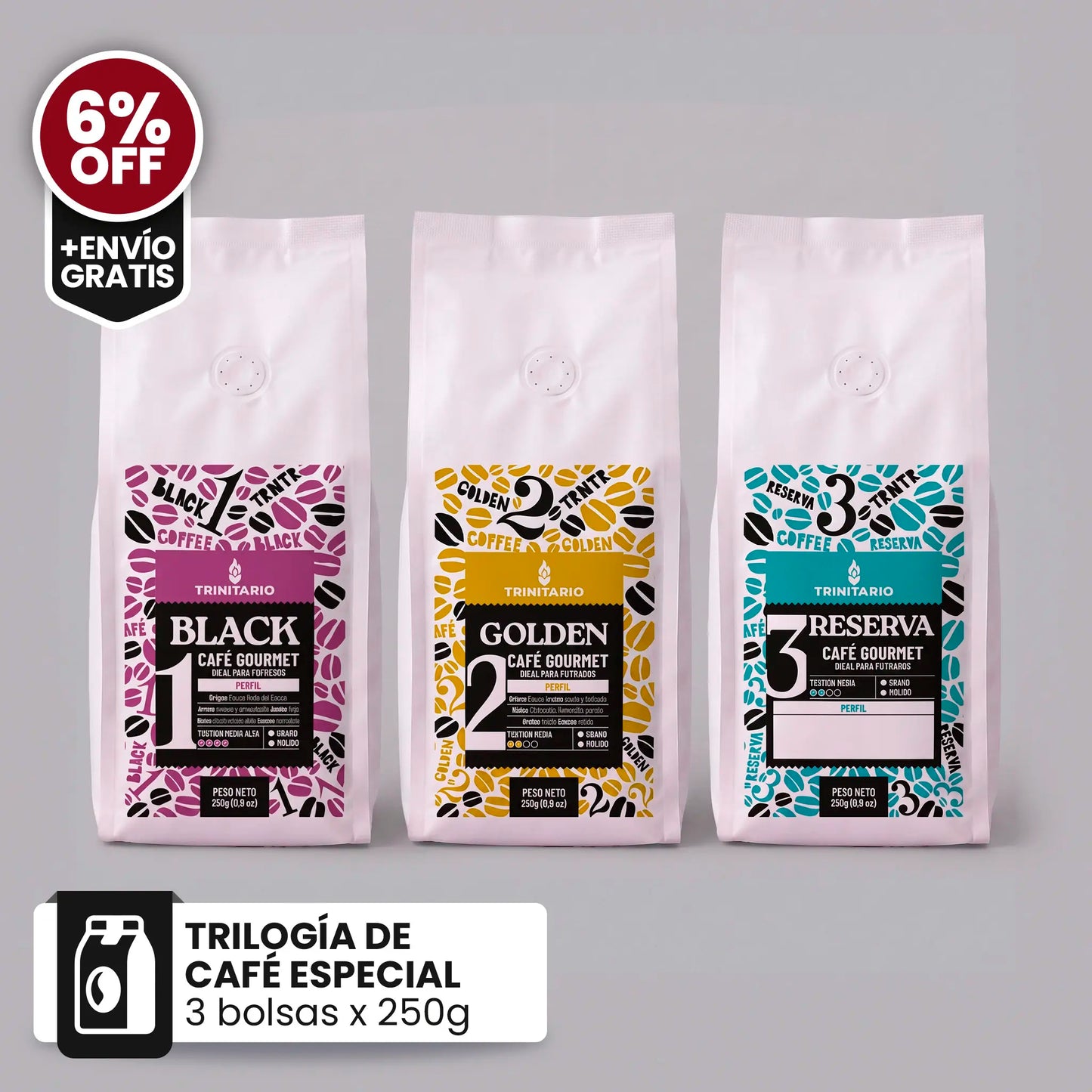 Trilogía de Café Especial 3x250g (Black + Golden + Reserva) · 6% OFF